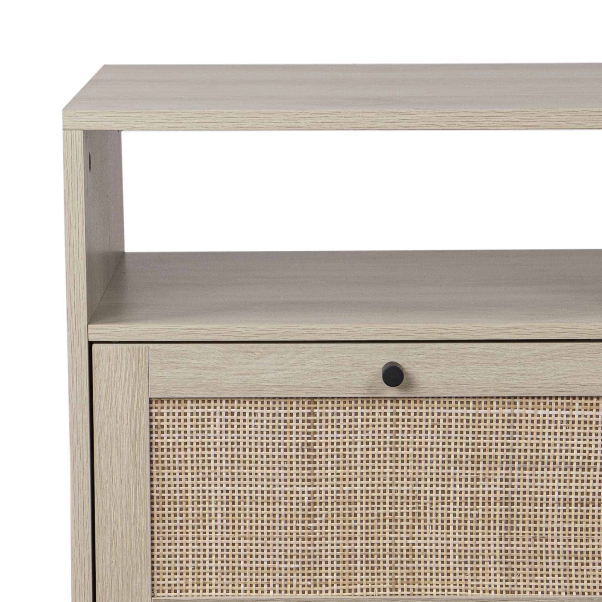 Nathan James Mina Rattan Wood End Side Accent Table Nightstand with Storage for Living Room or Bedroom, 1, Oak/Black