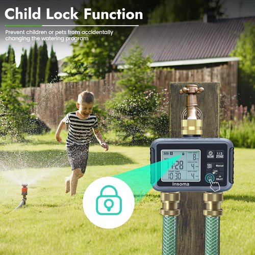 Insoma Water Timer - Brass Inlet & Outlet | 2-Zone Outdoor Hose Timer with Auto/Manual/Rain Delay for Garden