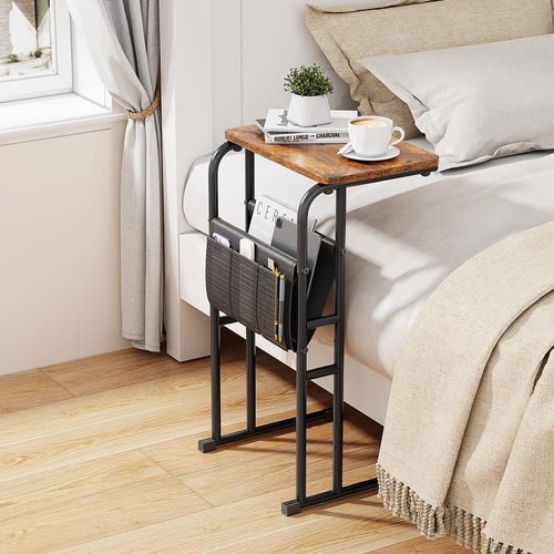 Olldide C-Shaped End Table with Storage Bag, Side Table for Living Room Bedroom, Slide Under Couch Sofa TV Trays Desk, Small Narrow Space Applicable, Rustic Brown