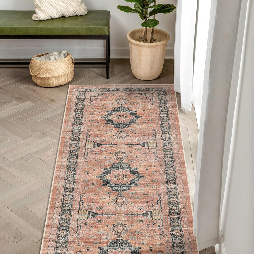 Skiennix Washable Hallway Runner Rug - Vintage Water-Resistant, Ultra Soft Indoor Mat (2x6, Orange)