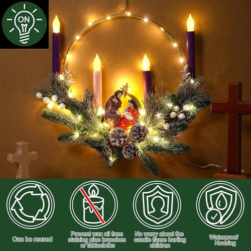 Chunful 20-Inch Christmas Advent Wreath - Flameless LED Candles & Nativity Scene Figurine