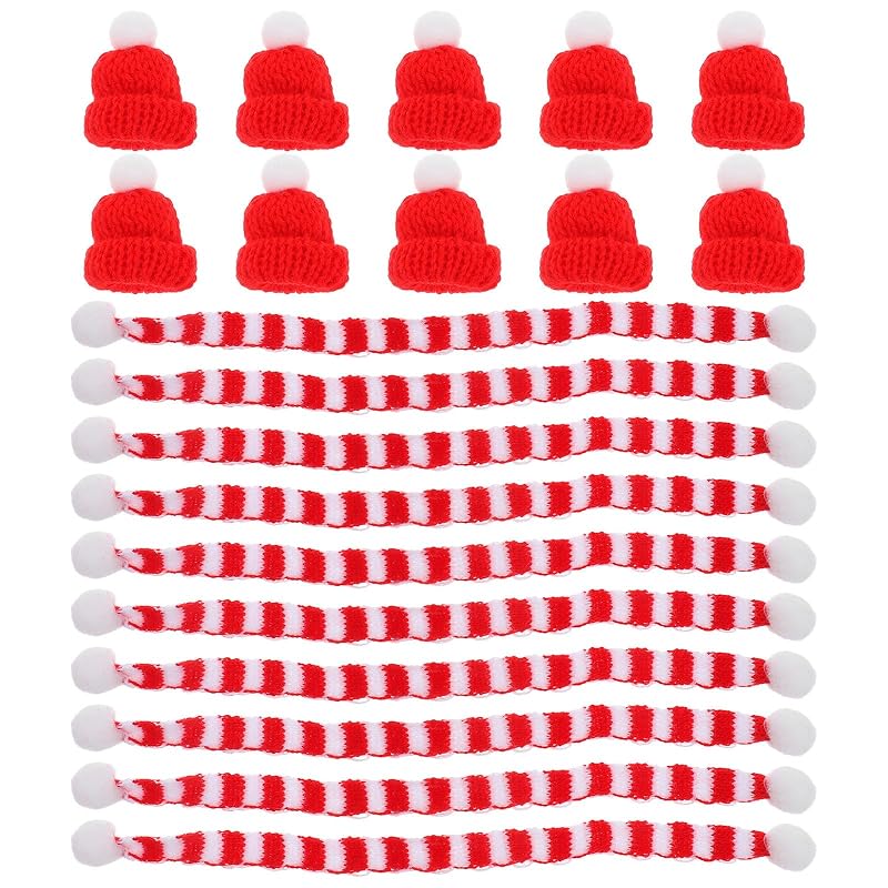 Mini Christmas Knit Hat and Scarf 20-Piece Set for Dolls, Plants & Decor