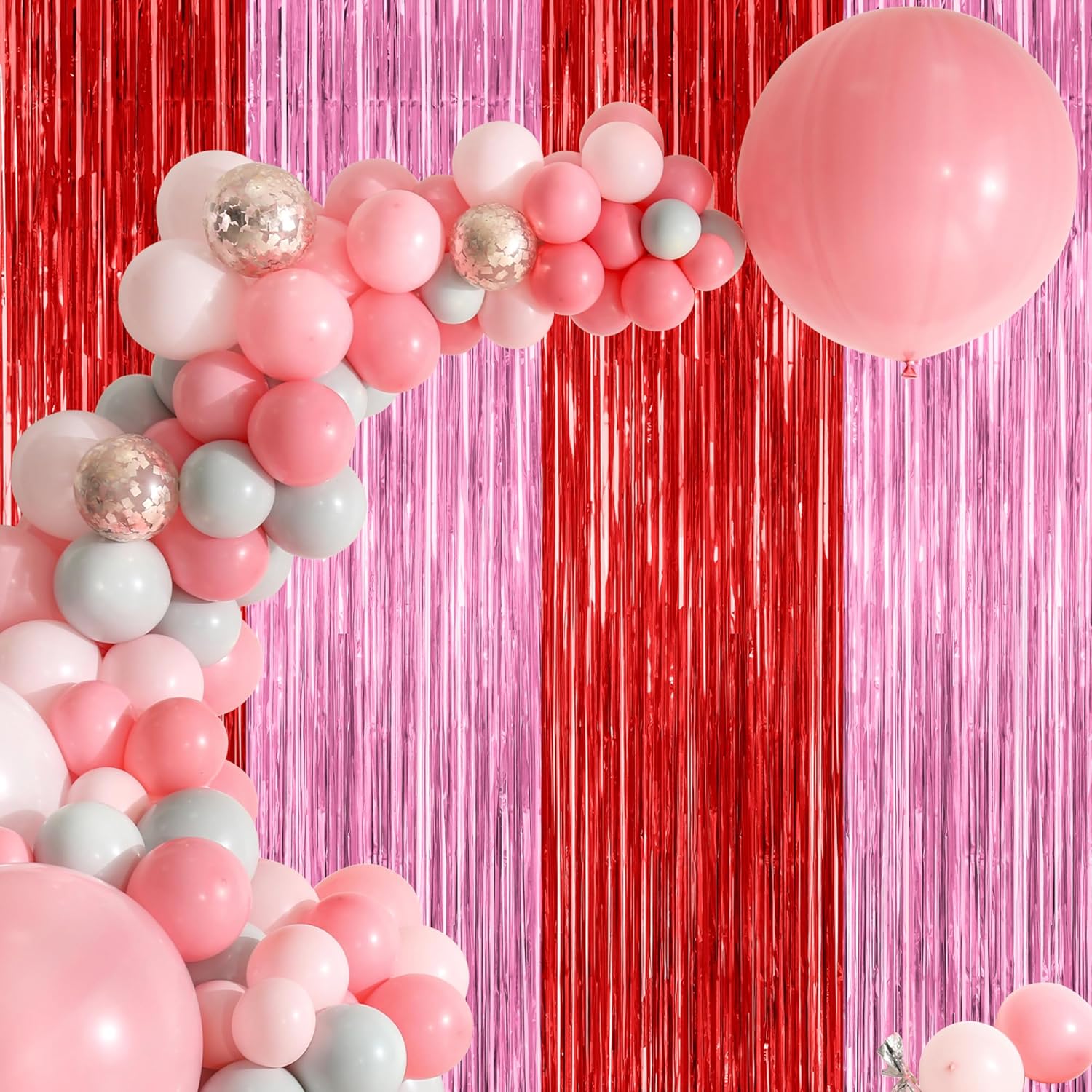Regine Switzerland Red Pink Backdrop Curtains - 2 Pack Metallic Fringe Tinsel Decor | 3.28' x 7.05'
