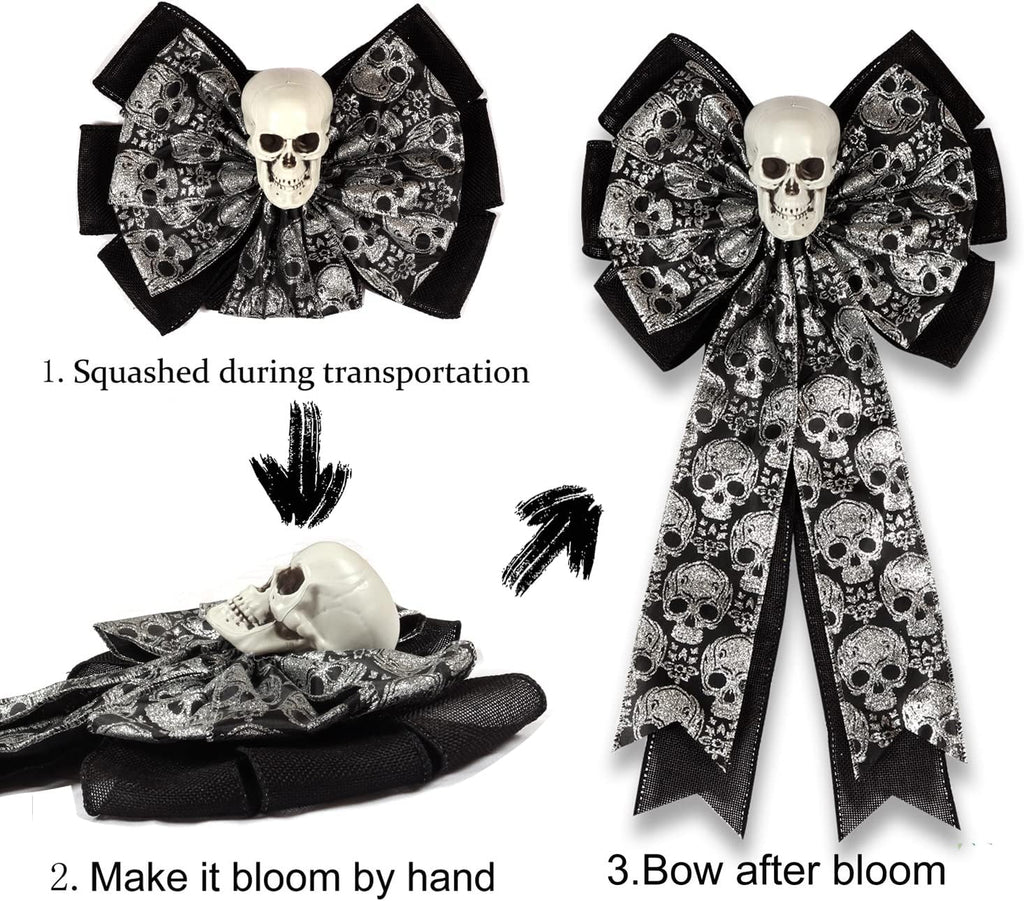 Skull Gothic Decor - Halloween Wreath Bow | Glittering Silver & Black Burlap, Perfect for Fall Outdoor Decor
