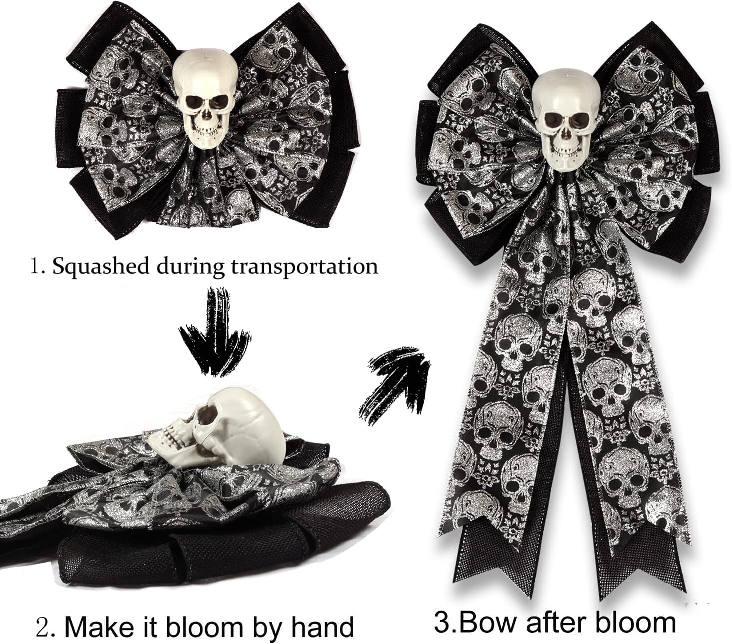 Skull Gothic Decor - Halloween Wreath Bow | Glittering Silver & Black Burlap, Perfect for Fall Outdoor Decor