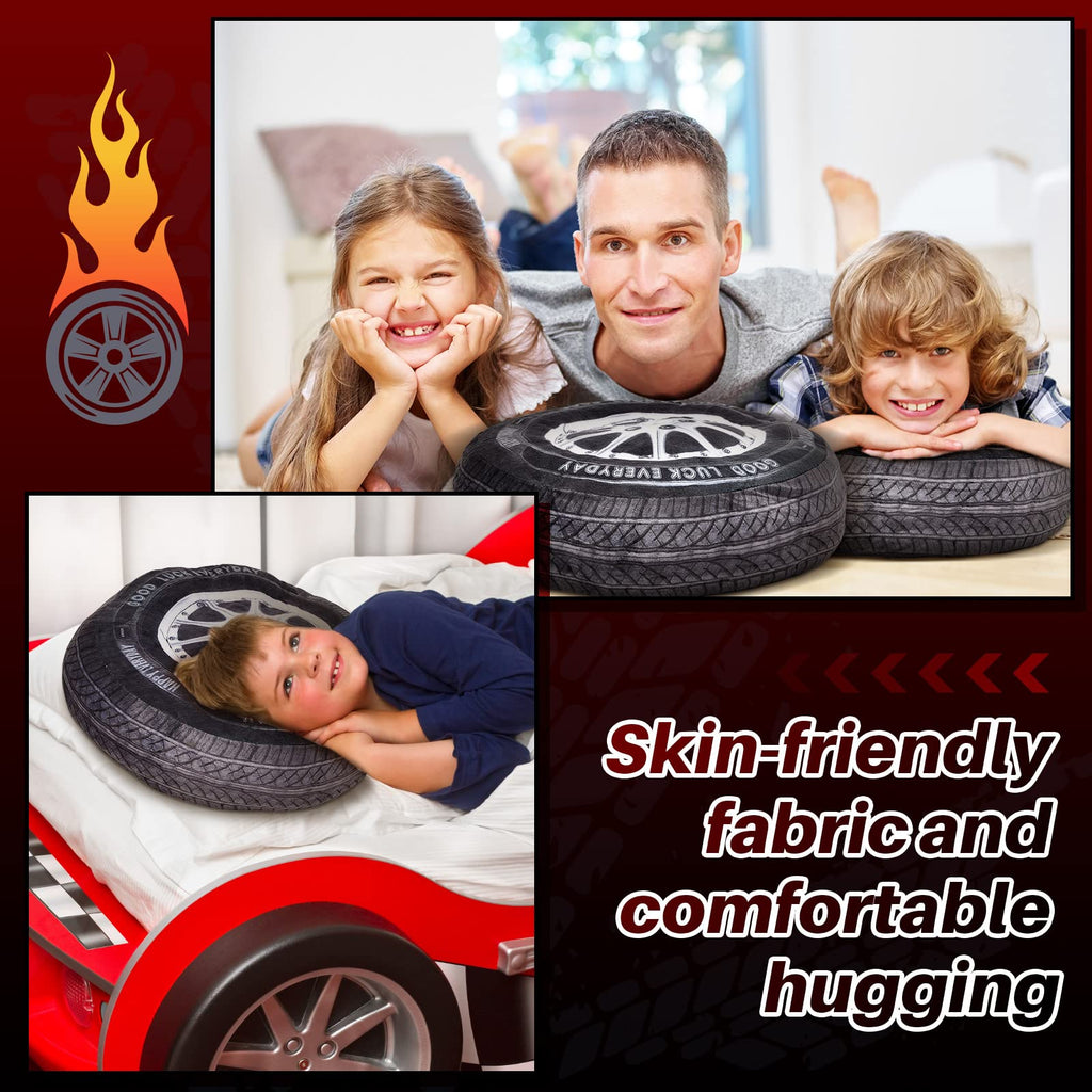 Meooeck 1 Pc Race Car Room Decor 3D Simulation Wheel Plush Pillow, 15.7 Inch Car Tire Big Soft Pillow Wheel Sofa Seat Toy for Boys Funny Bedroom Decorations Race Cars Party Gift (Classical)