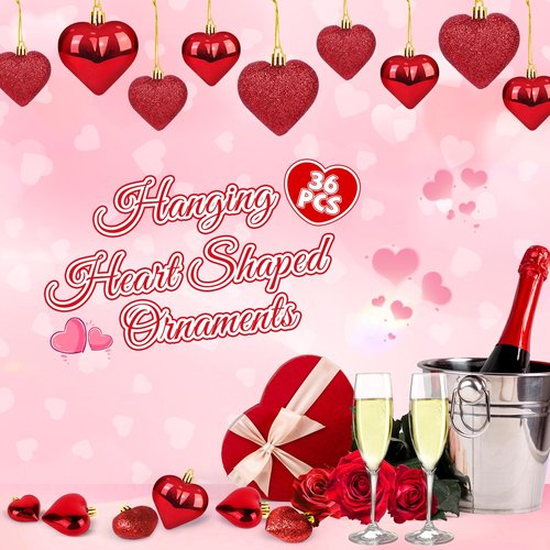 36Pcs Valentine's Day Heart Ornaments, 2 Size Heart Shaped Valentine Ornaments for Tree, Red Glitter Baubles, Anniversary Romantic Valentine's Day Tree Hanging Decorations