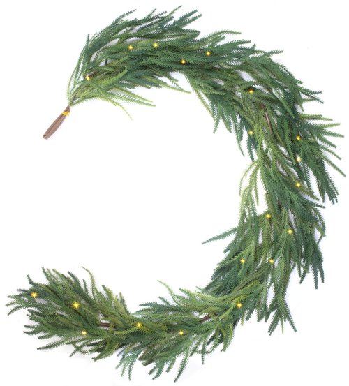 JOJOLEE 9FT Artificial Norfolk Pine Garlands, Pre-Lit Christmas Garland with Timer Lights 8 Modes, Battery Powered Evergreen Garland, Natural Hanging Greenery for Fireplace Mantle Stair Decor