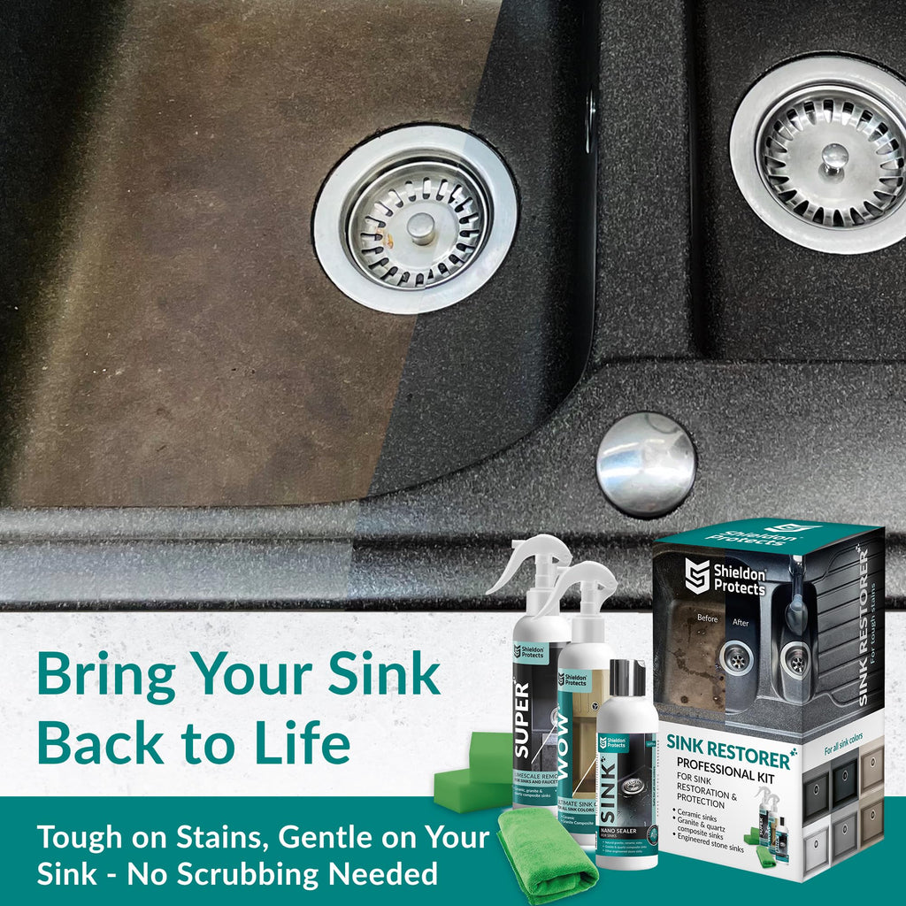 Shieldon Protects Sink Restorer Kit – 3-Step System: Heavy Duty Kitchen Sink Cleaner, Hard Water Stain Remover & Nano Sealer Protector for Granite Composite, Quartz, Porcelain & Ceramic Kitchen Sinks