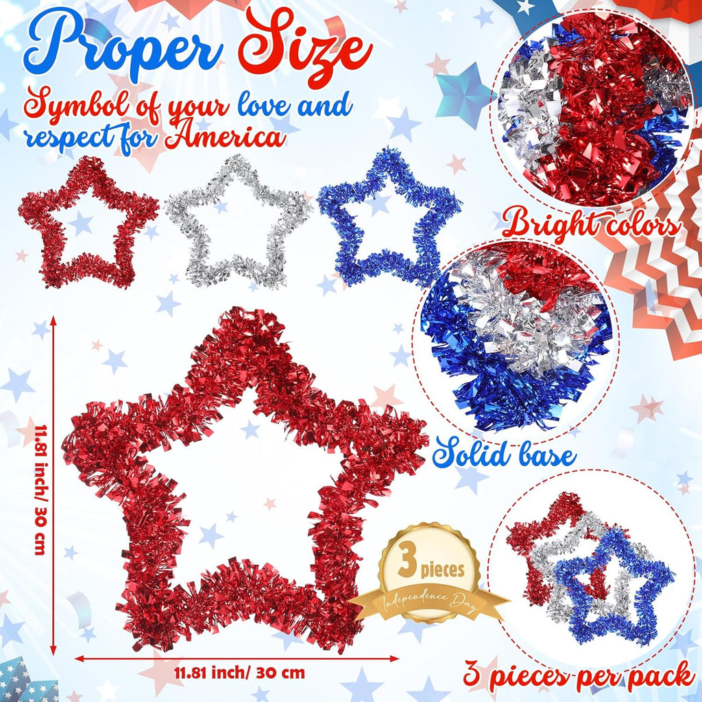 Patriotic Tinsel Wreath by [Brand Name] - 3 Pcs Red, White & Blue Decor for Independence Day & Memorial Day