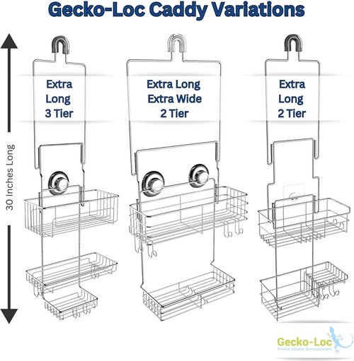 Gecko-Loc Extra-Long Adjustable Shower Caddy - Rustproof Stainless Steel Organizer with Suction Stabilizer & Hooks | No-Drill Installation (Silver)