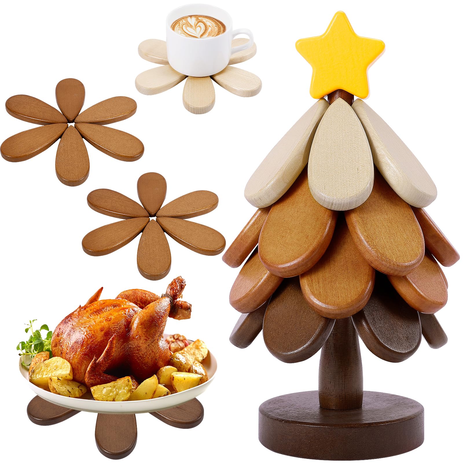 Wooden Tree Trivets for Hot Dishes,Tree Shape Trivet Set of 4 for Hot Pot Pans, Wood Coasters for Bowls Teapots Drinks Plates, Home Table Decor(Walnut Wood)