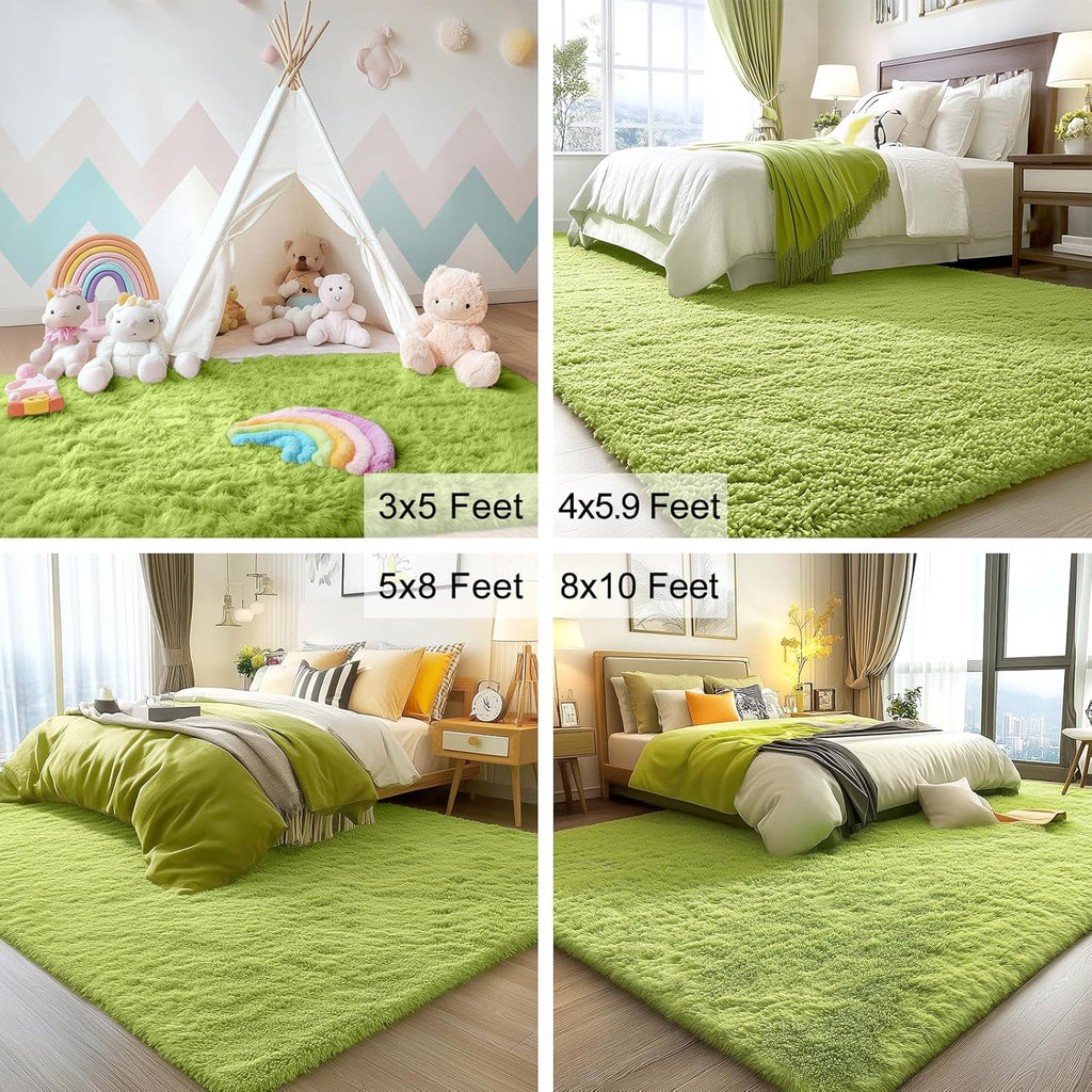 OLANLY Soft Fluffy Shaggy Bedside Rug - Machine Washable 2x3 for Bedroom & Nursery | Grass Green