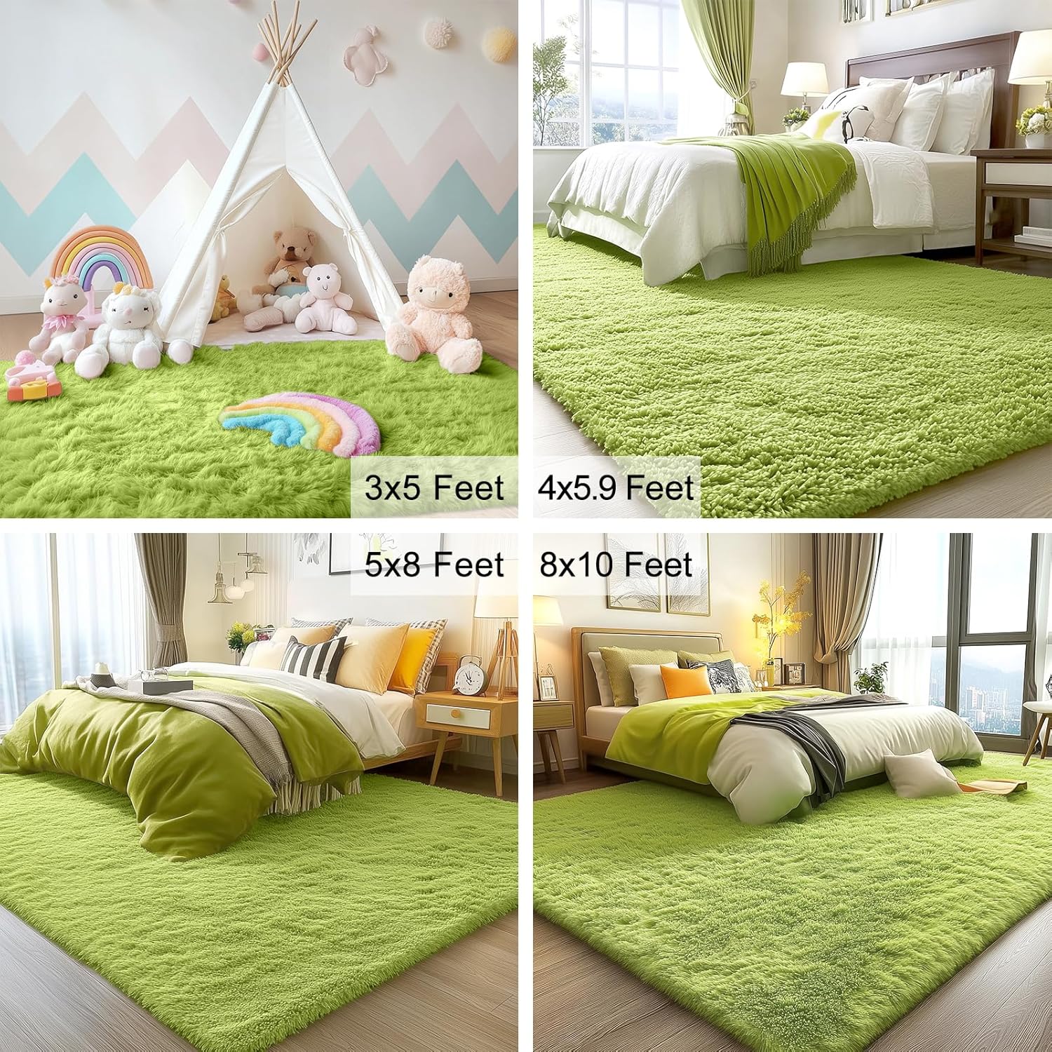 OLANLY Soft Fluffy Shaggy Bedside Rug - Machine Washable 2x3 for Bedroom & Nursery | Grass Green