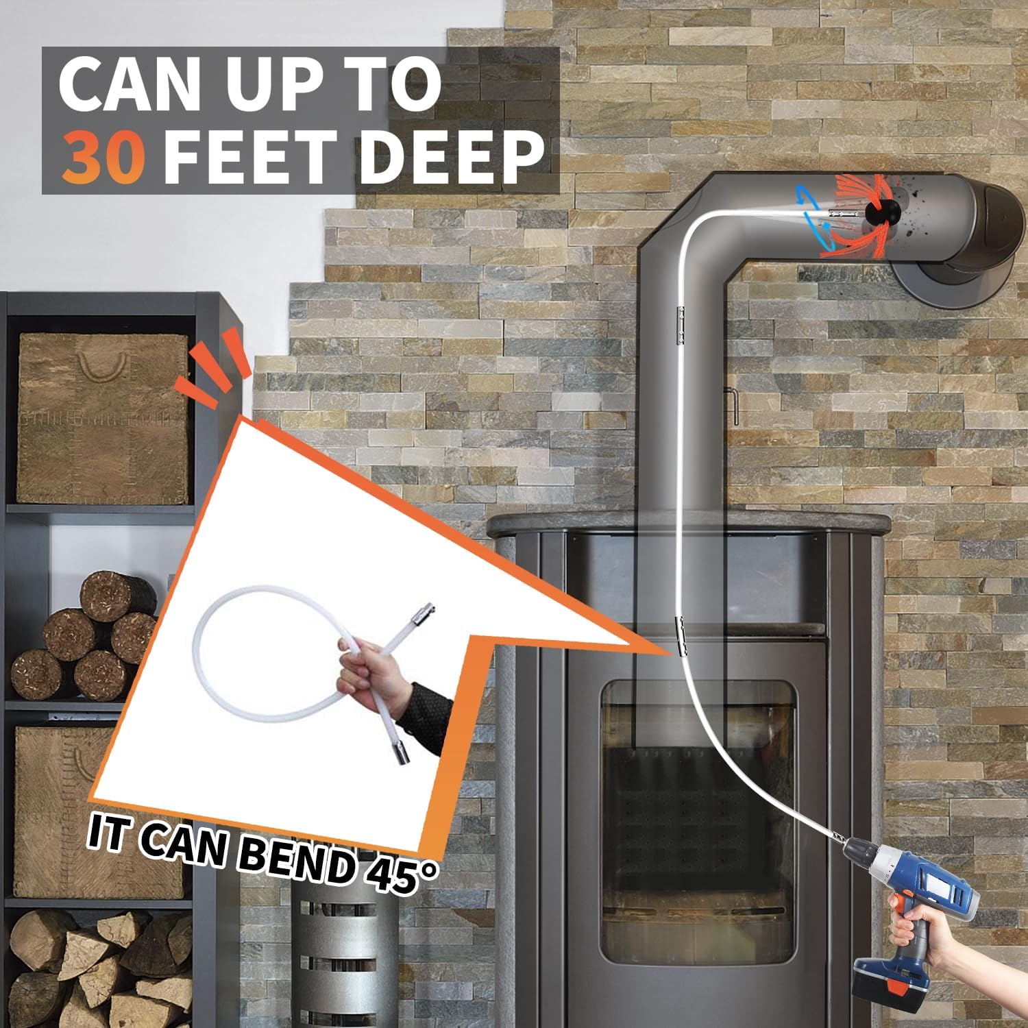 Sealegend Chimney Sweep Kit - 30 Feet Rotary Cleaning System with 9 Flexible Nylon Rods