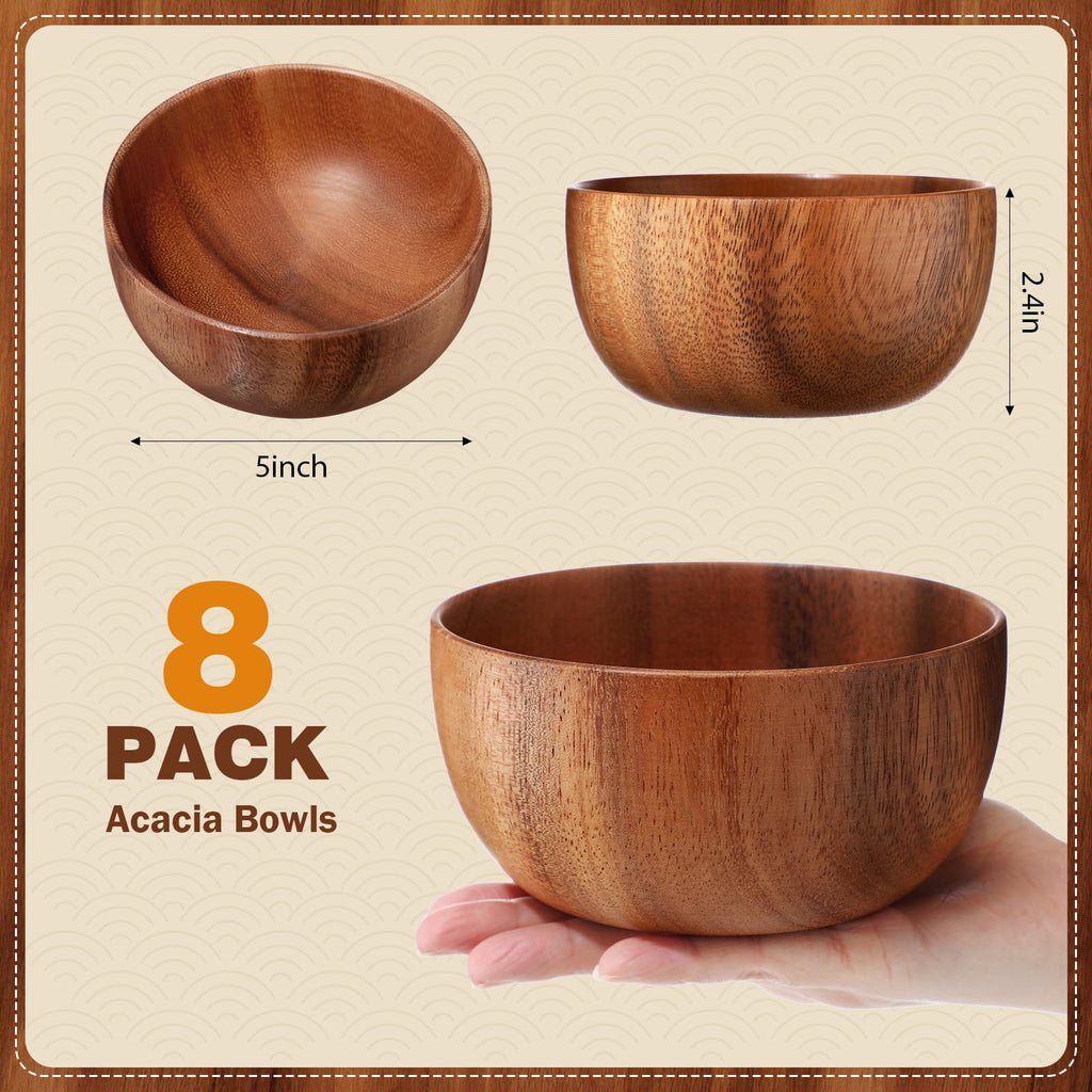 Skylety 5in 8pcs Acacia Wooden Bowls Small Calabash Bowls Round Wood Salad Hand Carved Calabash Dip Tray for Serving Popcorn Pasta Candy Cereal Coconut Nuts Sauce Appetizers Kitchen