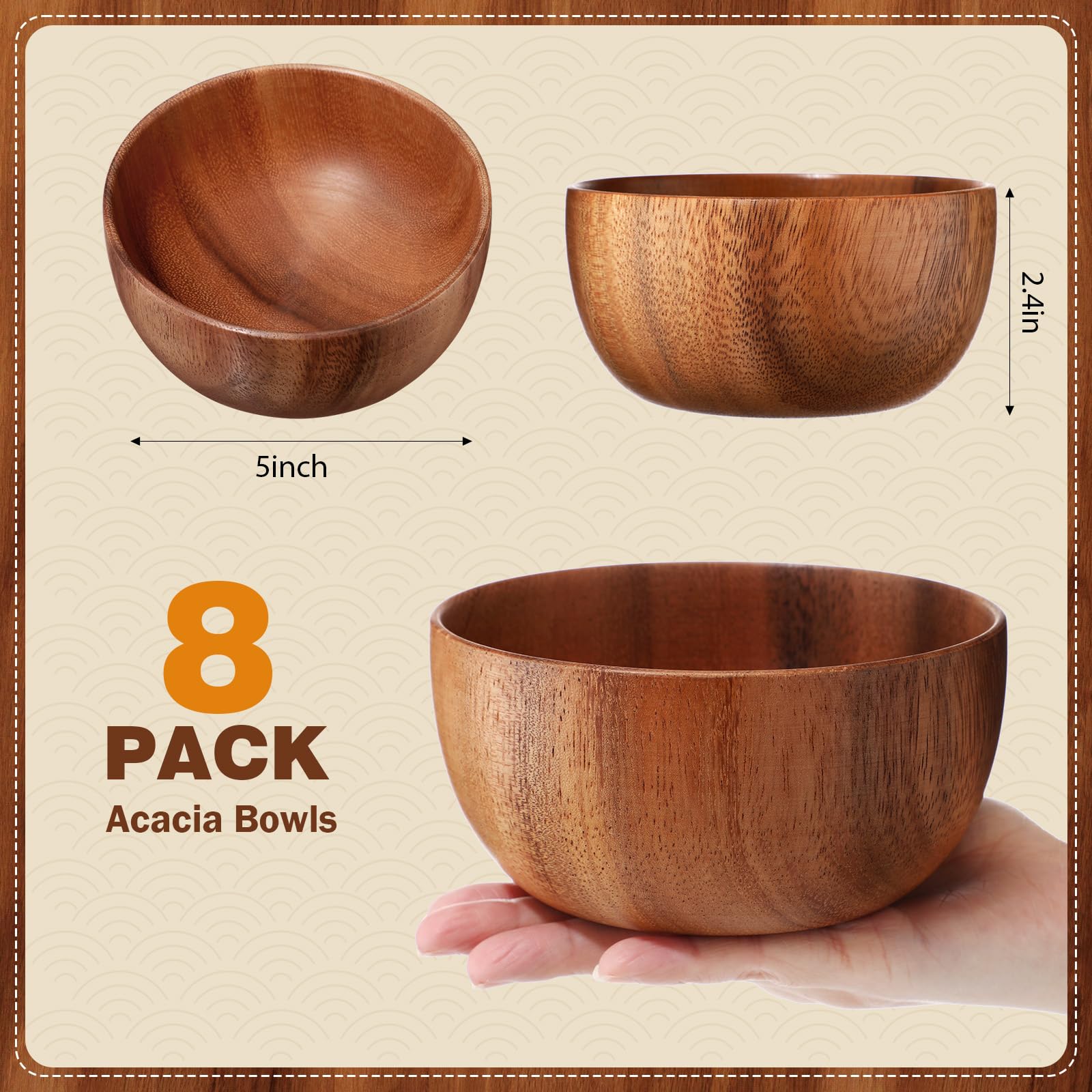 Skylety 5in 8pcs Acacia Wooden Bowls Small Calabash Bowls Round Wood Salad Hand Carved Calabash Dip Tray for Serving Popcorn Pasta Candy Cereal Coconut Nuts Sauce Appetizers Kitchen