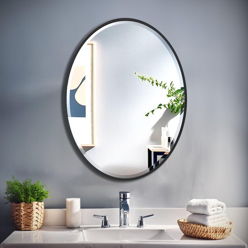 Gatco 1821MX Bathroom Wall Mirror, 33" H x 25" W Modern Mirror for Living Room, Vanity, Slim Design Beveled Framed Large Oval Matte Black - Easy Mount Safety Bracket