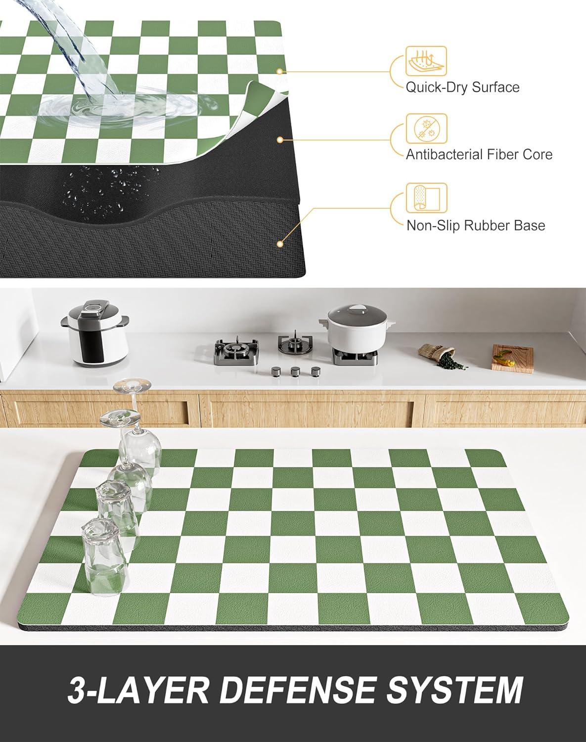 Rnivvi Dish Drying Mat - Absorbent Non-Slip Draining Pad for Kitchen | 12 x 19 Inches, Green & White Checkered