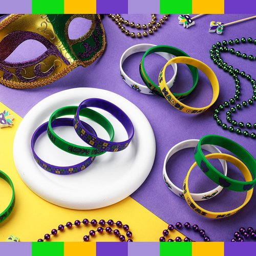 Lunmon 120 Pcs Mardi Gras Silicone Bracelets Bulk Mardi Gras Throw Happy Carnival Bracelets Clown Circus Carnival Rubber Wristbands for Party Birthday Supplies Gifts