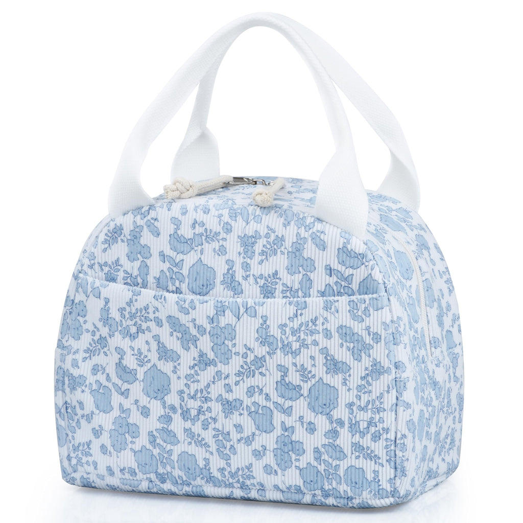 TESAFNG Lunch Bag - Insulated Lunch Box for Women, Reusable Large Capacity Cooler Bag for Adult, Small Leakproof Cute Corduroy Lunch Tote for Work Office Travel Picnic (Corduroy Blue-Flower)