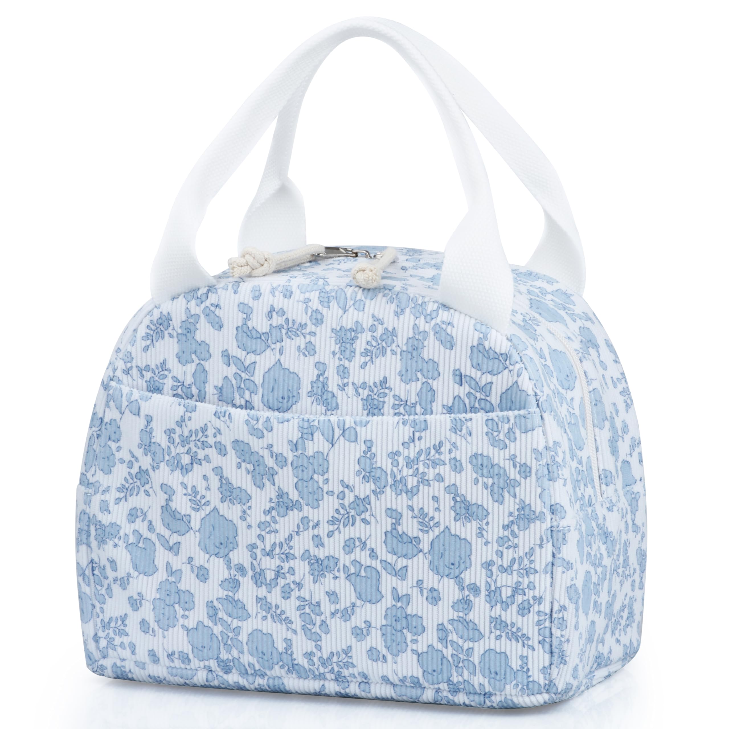 TESAFNG Lunch Bag - Insulated Lunch Box for Women, Reusable Large Capacity Cooler Bag for Adult, Small Leakproof Cute Corduroy Lunch Tote for Work Office Travel Picnic (Corduroy Blue-Flower)