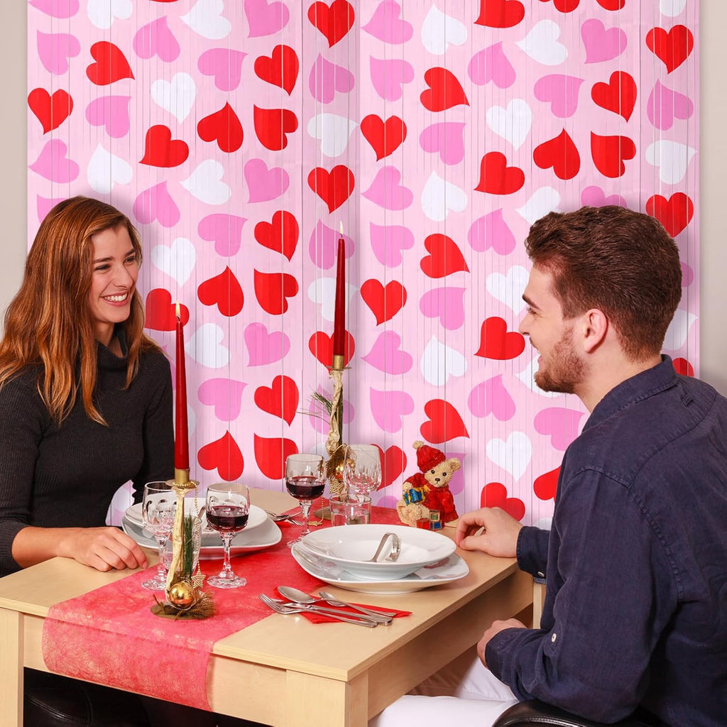 Mega-L Birthday Party Decorations - 2 Pack Red, Pink & White Heart Foil Fringe Curtains | 3.3x6.6 ft Tinsel Backdrop