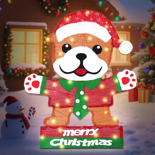 Domkom Lighted Bulldog Christmas Decoration, 30 Inch Pre-Lit Cute Dog with Christmas Hat 45 LED Warm Lights for Home Indoor Outdoor Yard Holiday Decor