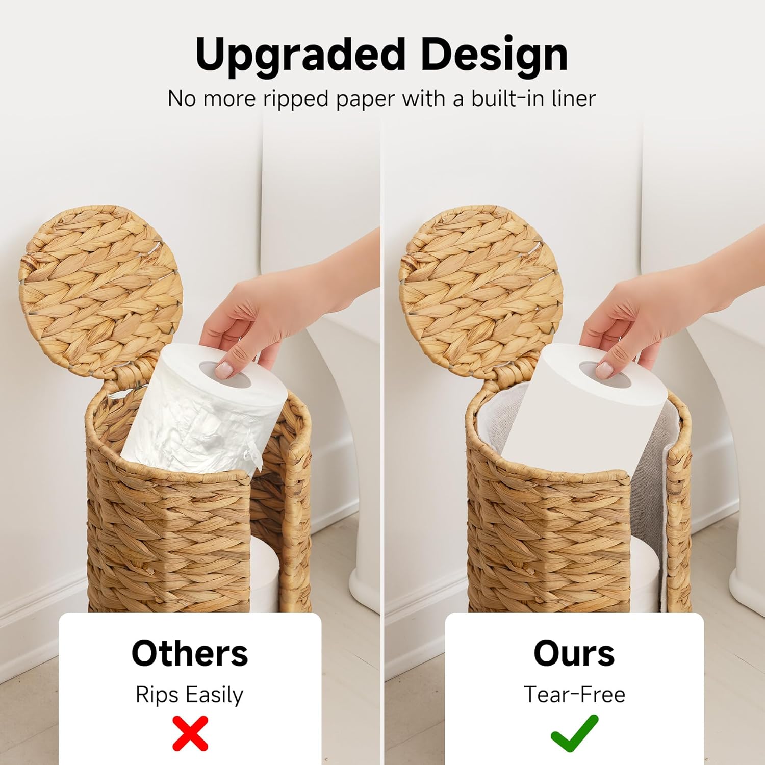StorageWorks Toilet Paper Holder Stand - Free Standing Water Hyacinth Design with Lid for 3 Rolls