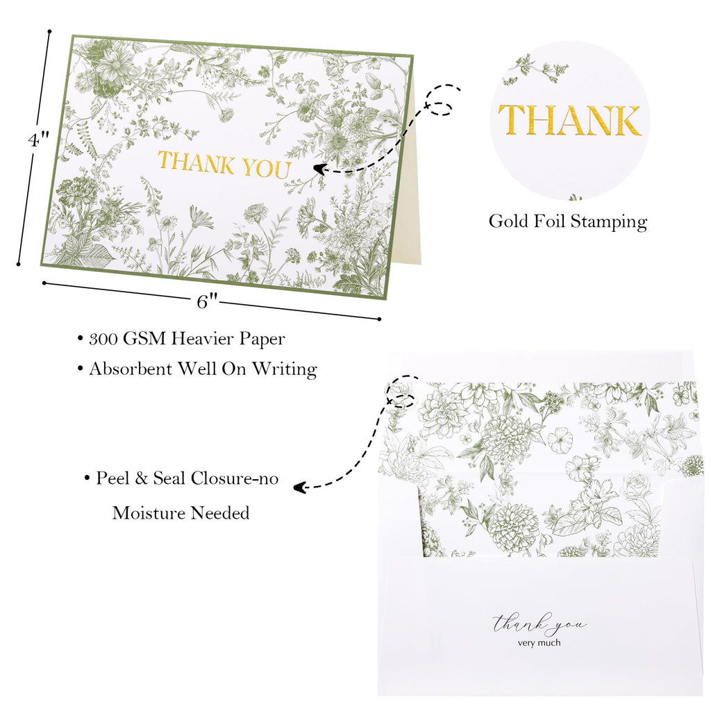 Crisky Green Floral Thank You Cards Gold Foil Greeting Notes Bulk with Envelopes (50 Pack) for Birthday, Baby Shower, Bridal Shower, Wedding, Graduation