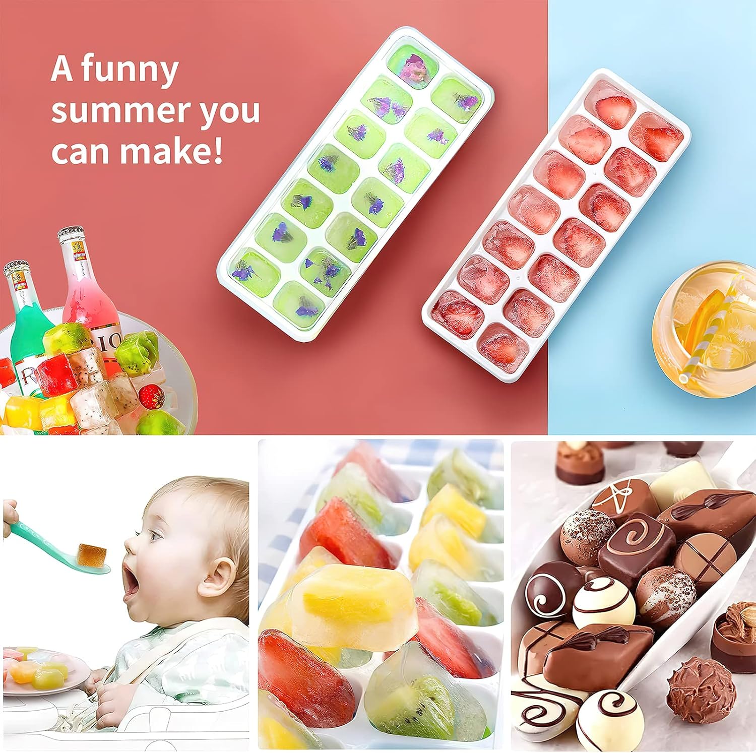 Airabc Silicone Ice Cube Trays - Easy-Release 14-Cube Design, BPA Free & Stackable | 4 Pack