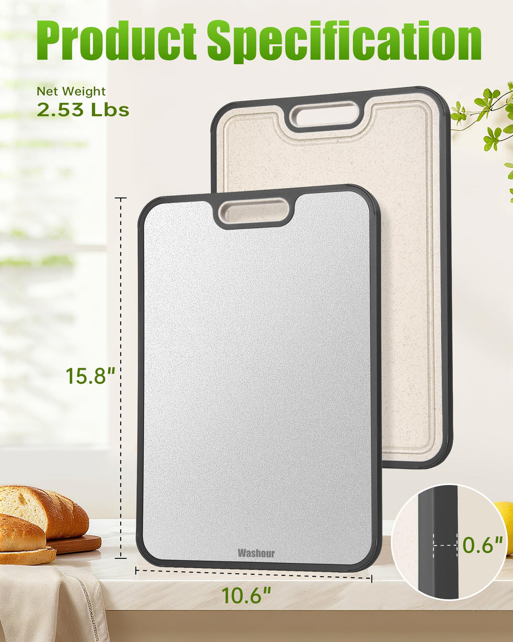 Washour Stainless Steel Cutting Boards for Kitchen, Non Toxic 2-in-1 Cutting Board Double Sided, Food Grade Chopping Boards for Fresh Meat Vegetable, Easy to Clean Large Size 16”×11”