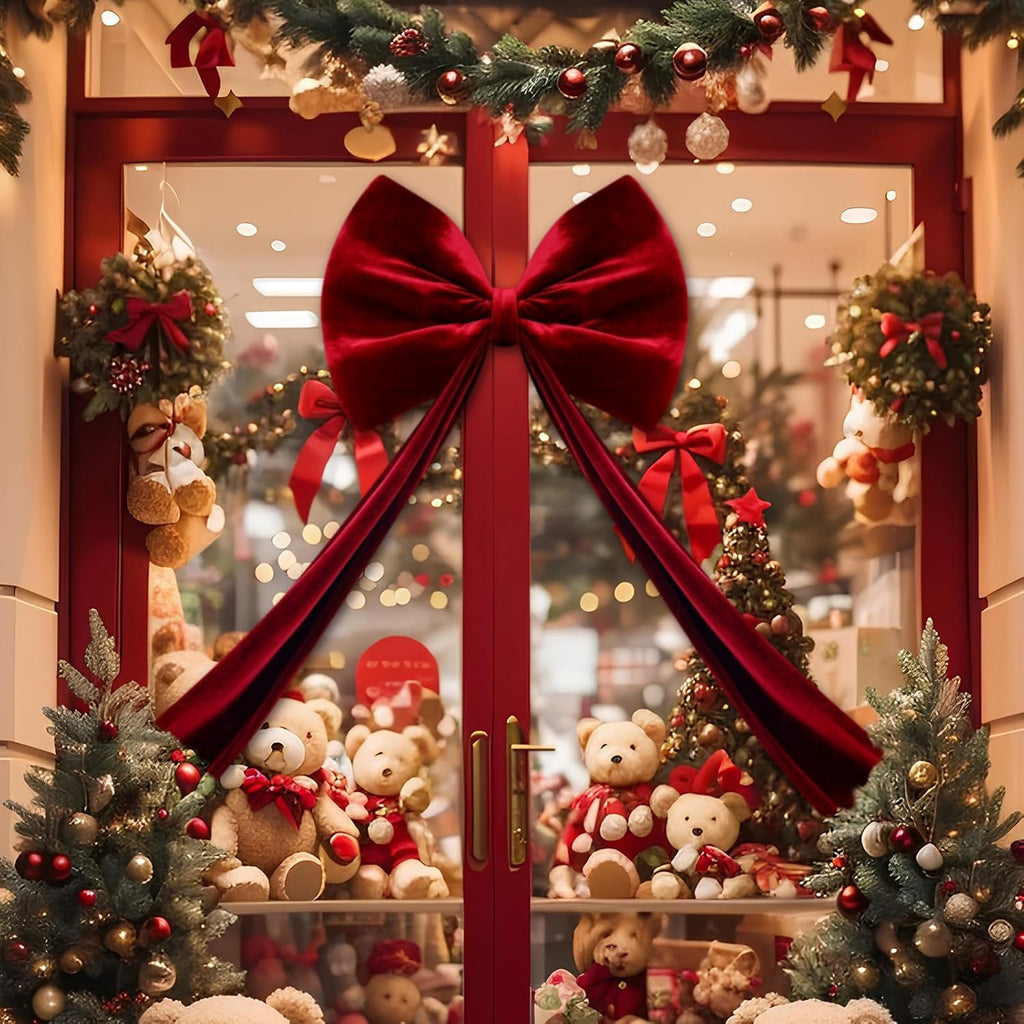 Skiennix Large Velvet Red Bow - 40x18 Inch Giant Tree Topper Ribbon | 3D Wall Decor for Parties & Events (Wine Red)