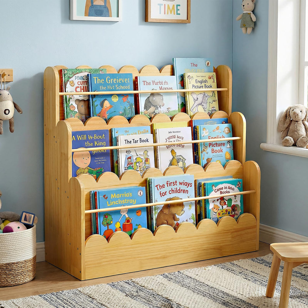 Amdermi Scalloped Design | 3-Tier Montessori Solid Wood Kids Bookcase | 29.6" Wide Toddler Storage Shelf | Easy Access Floor Display Furniture for Playroom/Nursery