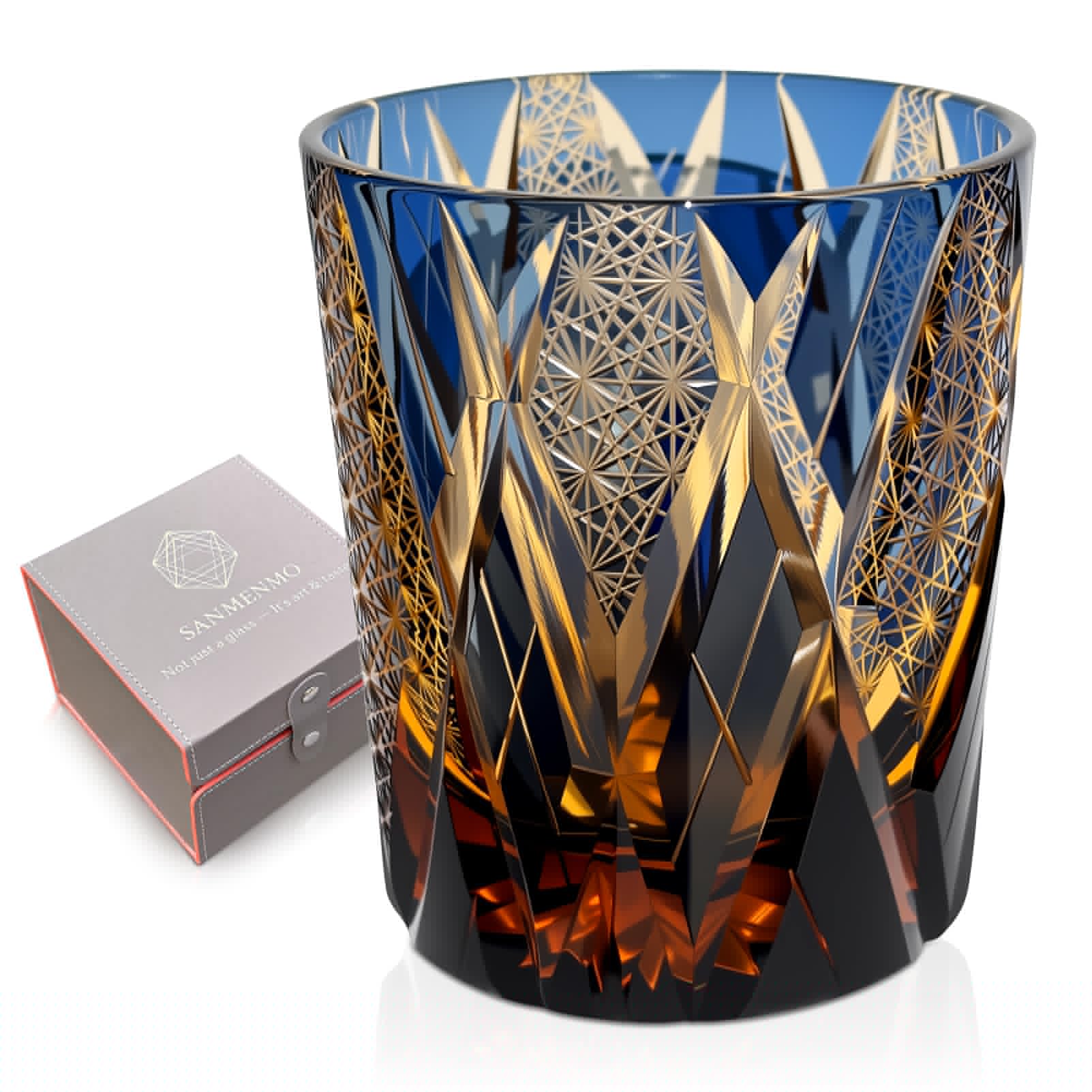 SANMENMO Edo Tokyo Kiriko Style Whiskey Glass – Handmade Crystal Tumbler for Bourbon, Scotch & Cocktails | Cut Glass Design, 8.5Oz | Japanese Old Fashioned Glass, Gift for Men&Women