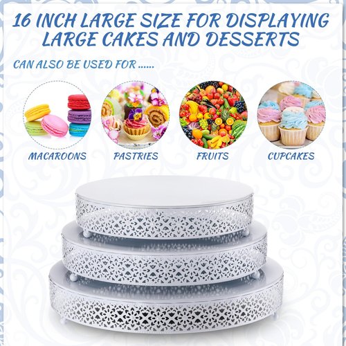 Wenqik 3 Pcs Cake Stand 16'' 14'' 12'' Round Metal Cake Stand Bases Display Holder Cookies Fruit Serving Tray Candy Display Plate Cupcake Dessert Pastry Riser for Wedding Birthday Party (White)