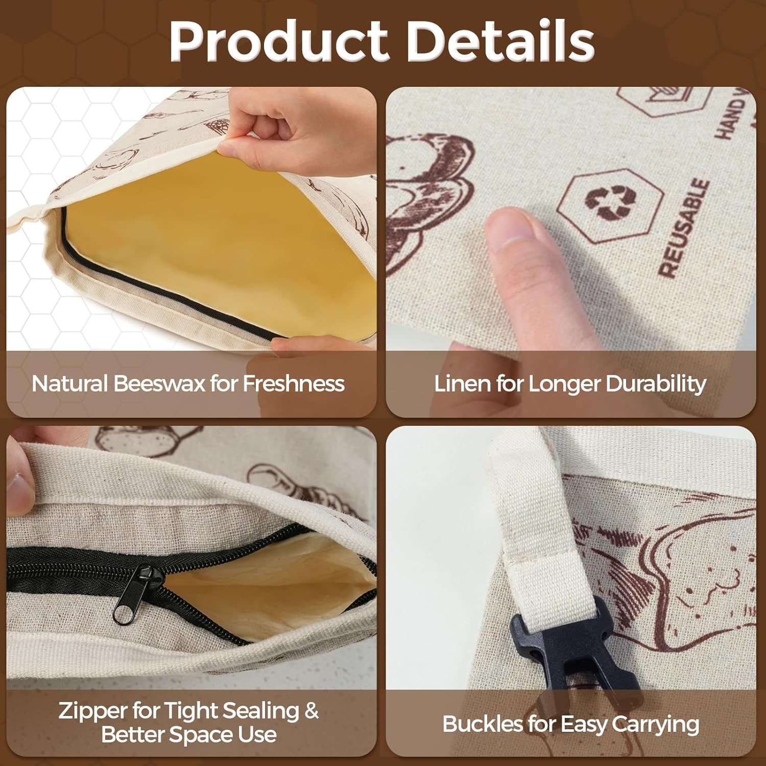 YARRAMATE Beeswax Bread Bags - Eco-Friendly Reusable Linen Storage for Fresh Sourdough | Large 17x13" (Brown, 2 Pack)