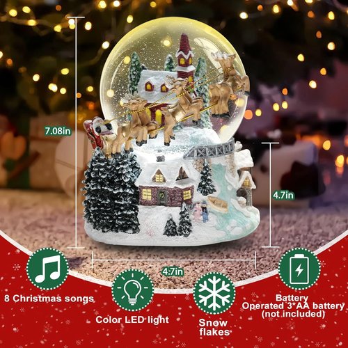 Christmas Snow Globe - 7'' Light-Up Musical Decoration with Santa Sleigh & Reindeer