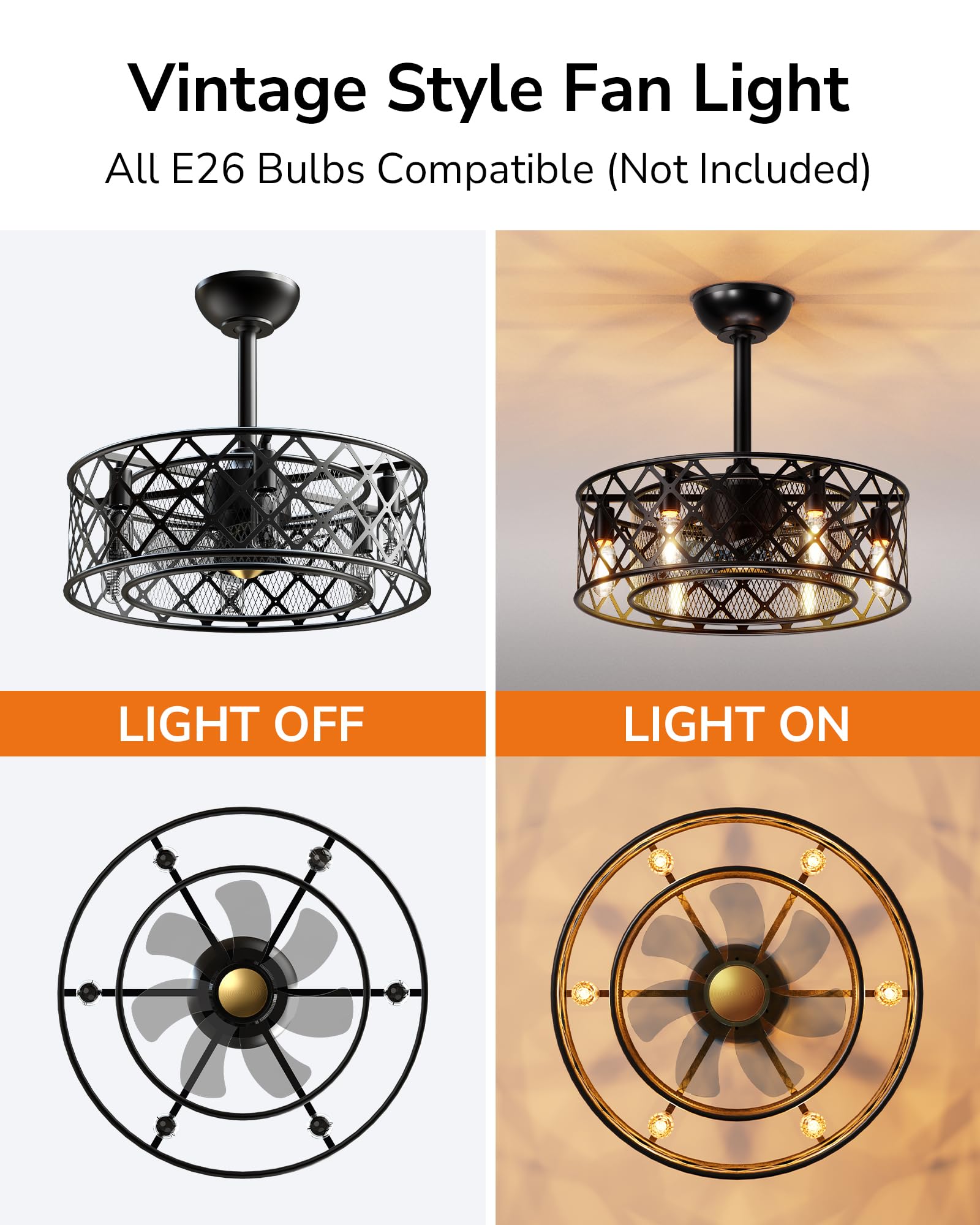 ULG 20” Caged Ceiling Fan with light, Vintage Fandelier Ceiling Fan Light Flush Mount Ceiling Fan with Remote Control, 6-Speed Quiet Wind Reversible for Small Room, Hallway, Bedroom, Porch