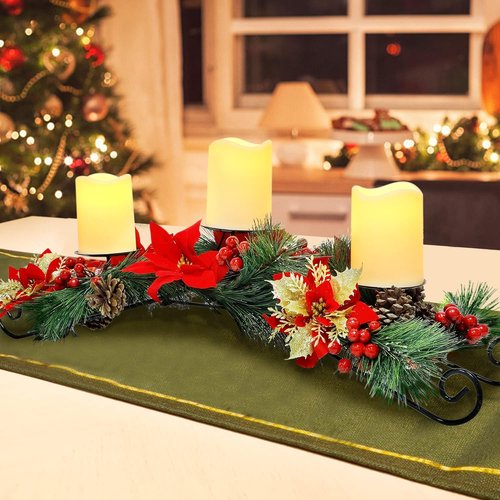 FORUP 26 Inch Christmas Centerpiece - Elegant Candle Holders with 3 Flameless Candles | Festive Table Decor