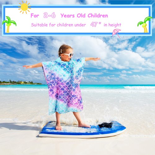 Catalonia Kids Mermaid Hooded Poncho Towel for Toddler Aged 2-6, 100% Cotton, Absorbent Girls Bath Towel, Swim Changing Robe, Sand Proof