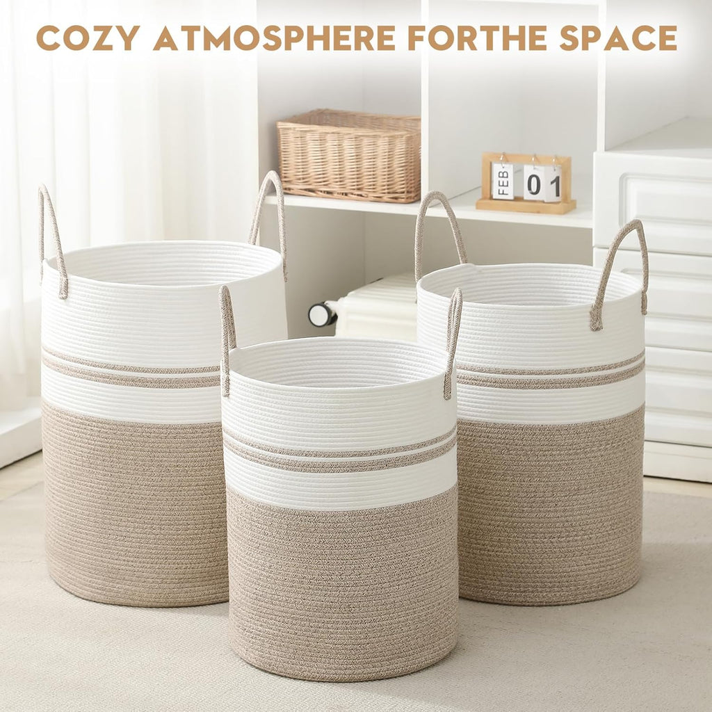 Skiennix Laundry Basket Hamper - Tall Woven Rope Storage for Blankets & Toys | 60L Brown & White