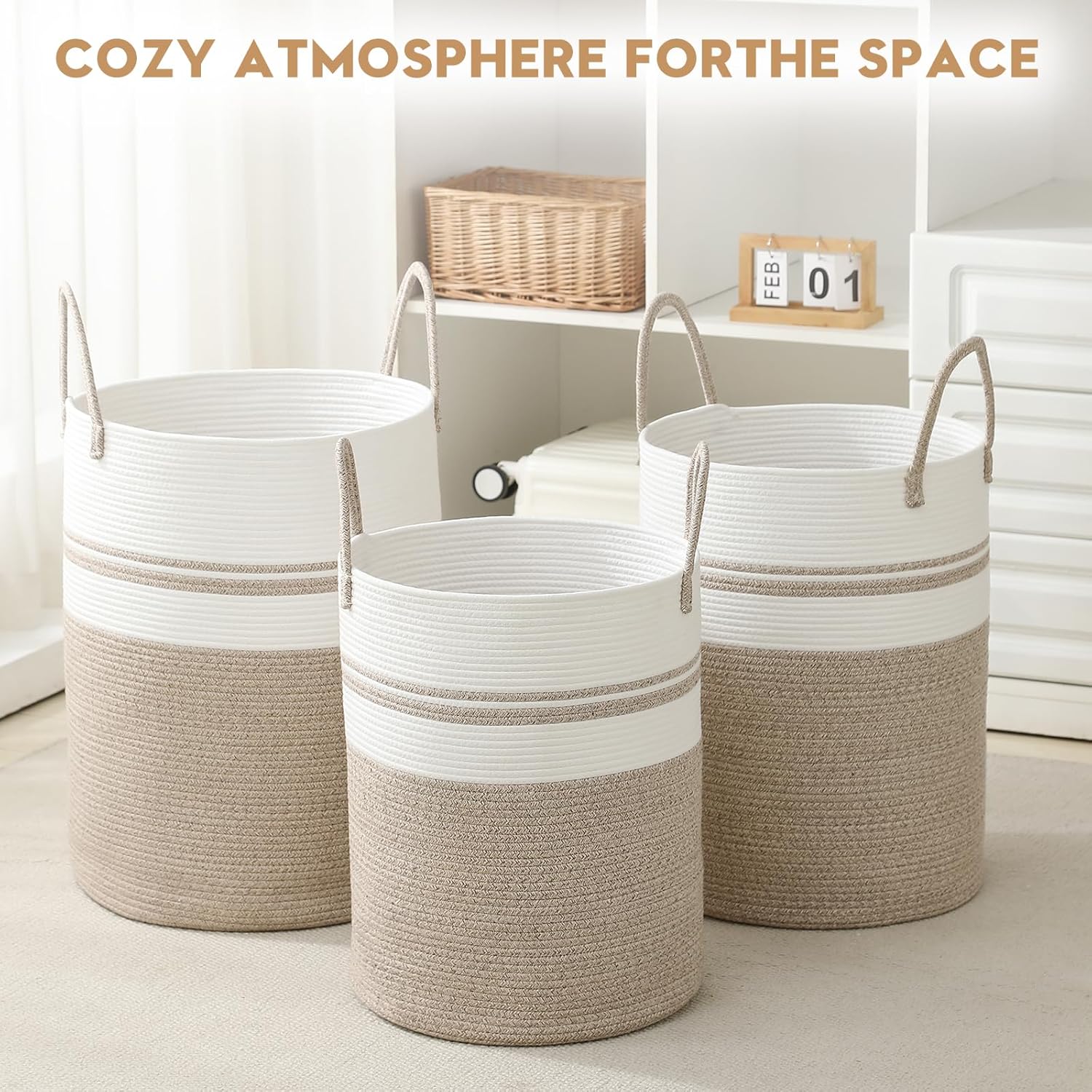 Skiennix Laundry Basket Hamper - Tall Woven Rope Storage for Blankets & Toys | 60L Brown & White