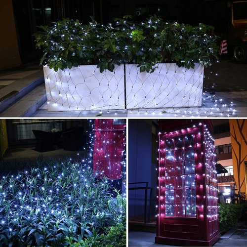 iBaycon 4ft × 6ft Solar Net Mesh Lights, Solar Powered Christmas Net Light Outdoor Waterproof, 8 Modes Bush Netting Lights for Xmas Trees, Party, Garden, Wedding, Outdoor Decorations (White, 2PACK)