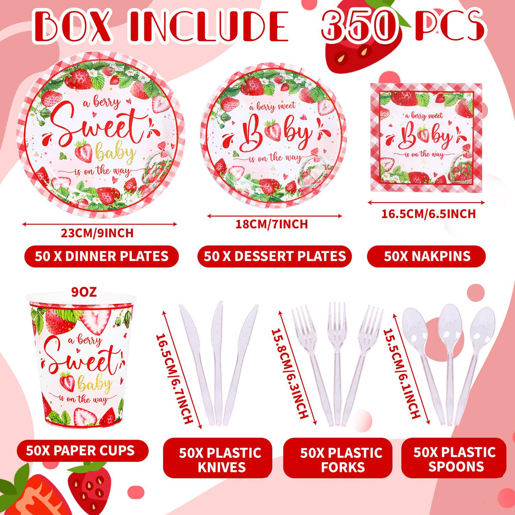 350 Strawberry Baby Shower Decorations for 50 Guests A Berry Sweet Baby is On The Way Party Supplies for Girls Disposable Dinnerware Set Paper Plates Napkins Cups