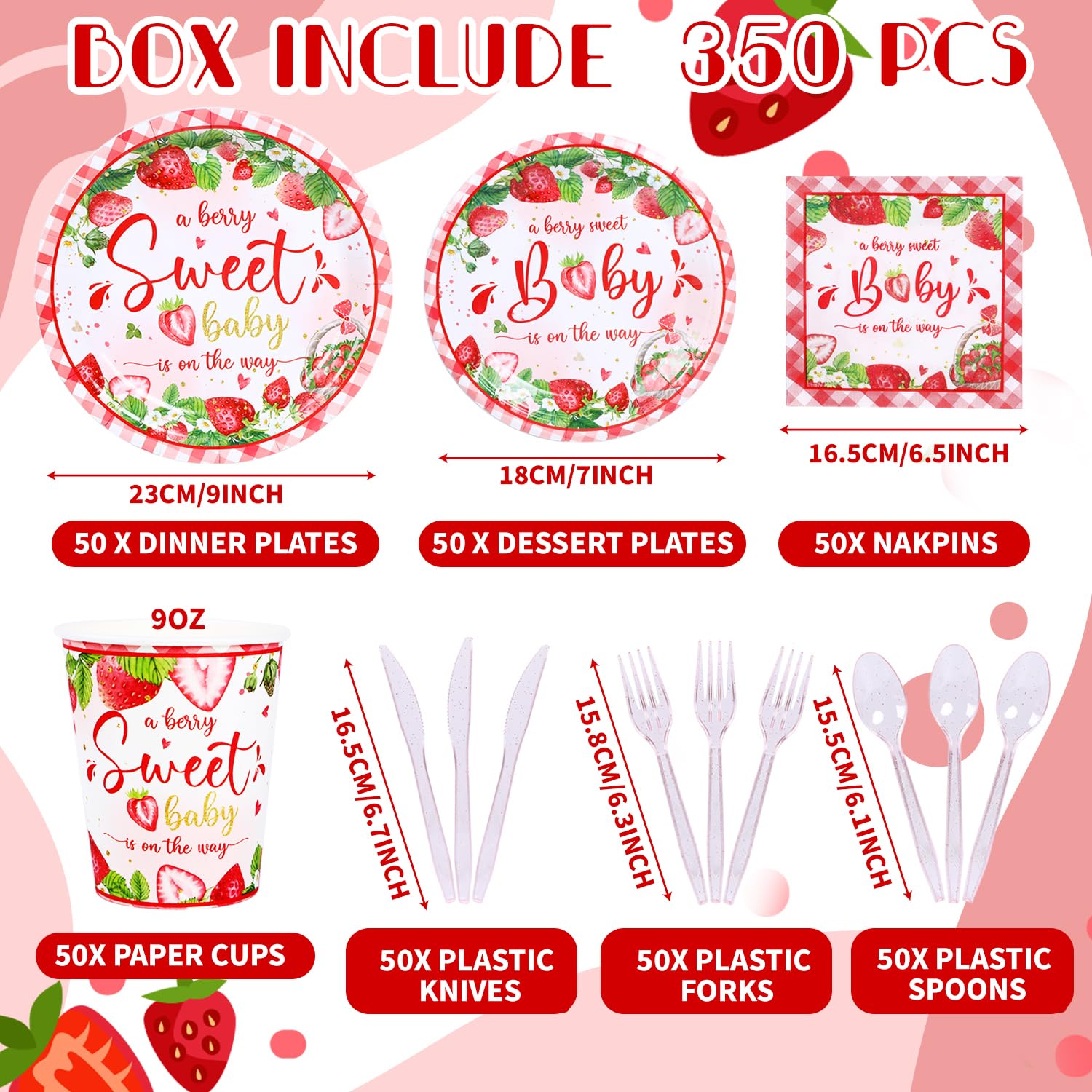 350 Strawberry Baby Shower Decorations for 50 Guests A Berry Sweet Baby is On The Way Party Supplies for Girls Disposable Dinnerware Set Paper Plates Napkins Cups