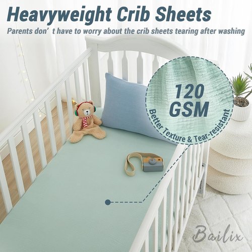 Bailix Heavyweight Muslin Baby Crib Sheets - 2-Pack 52"x28" Organic Cotton Fitted Sheets | Soft & Breathable (Blue, Light Green)