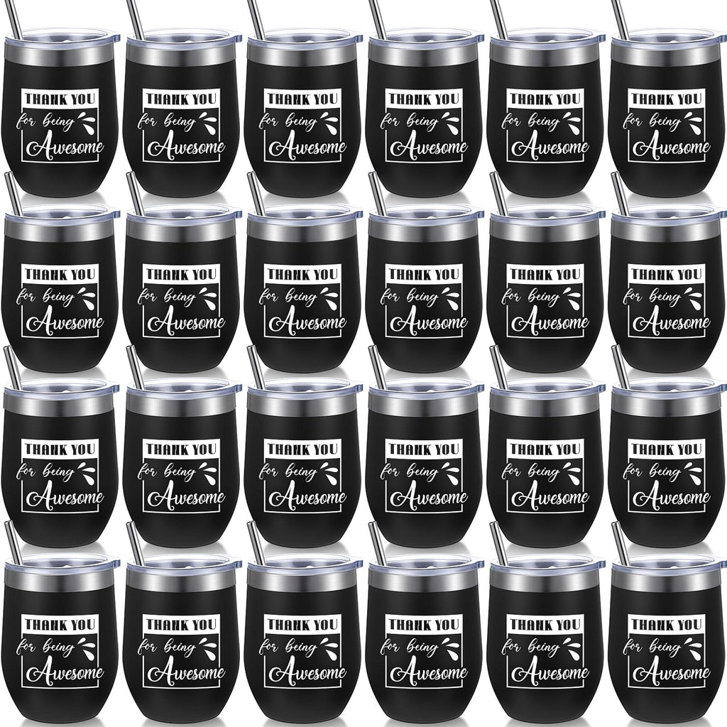 Sieral Thank You Gifts Thank You for Being Awesome Wine Tumbler Employee Appreciation Gifts for Women Men Coworkers Friend Stainless Steel Insulated Tumbler with Straw(Black,24 Pcs)