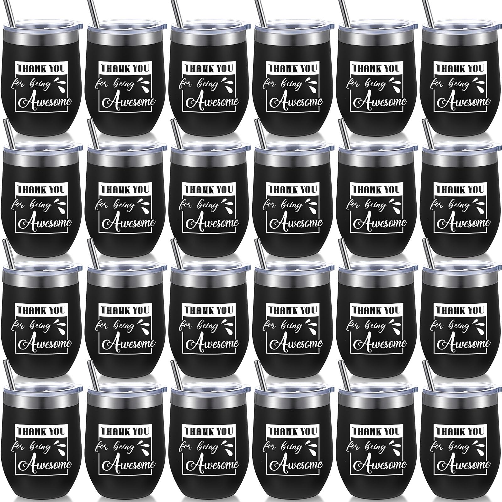 Sieral Thank You Gifts Thank You for Being Awesome Wine Tumbler Employee Appreciation Gifts for Women Men Coworkers Friend Stainless Steel Insulated Tumbler with Straw(Black,24 Pcs)