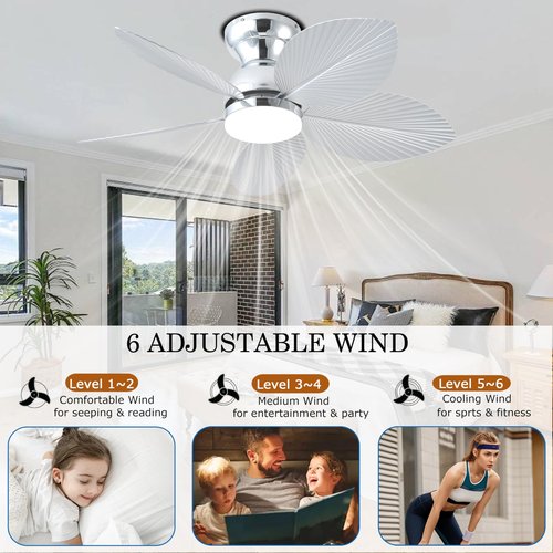 GJeg Tropical Ceiling Fans with Light, 38-inch Flush Mount Palm Leaf Ceiling Fans for Bedrooms, Indoors and Outdoors, Remote Control/APP Control, 6-Speed, Dimmable, Reversible,Chrome